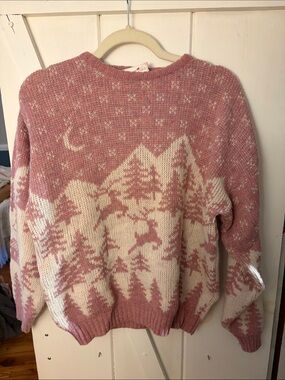 Women's Pink and Cream Scenic Knit Crewneck Sweater